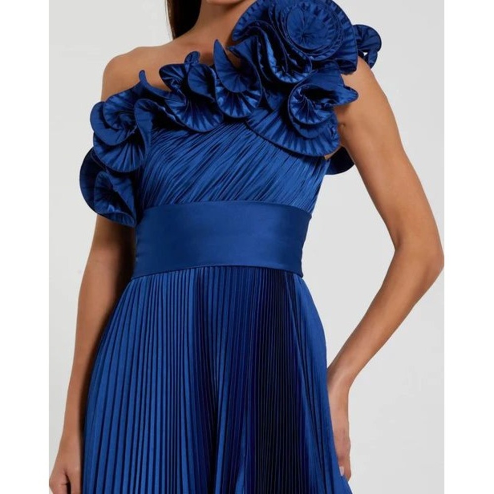 Mac Duggal Blue Pleated‎ Charmeuse One-Shoulder Ruffle Detail Evening Gown Sz 10 - Picture 5 of 11